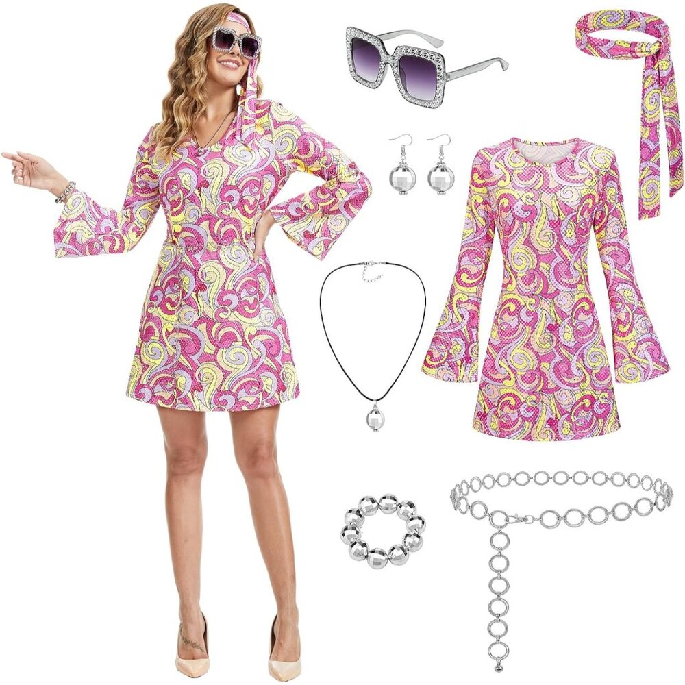 70s Disco Dress Hippie Halloween Costume Women Cosplay 7 pcs Outfit XX-LARGE